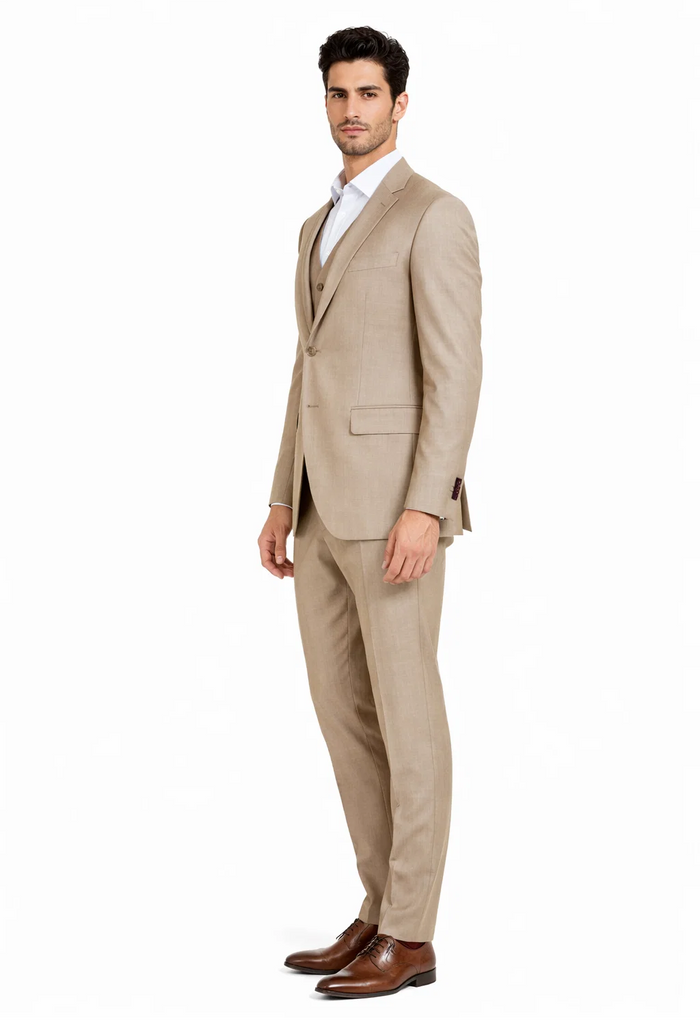 Mens Stone Tan Sharkskin 3 Piece Single Breasted Suit