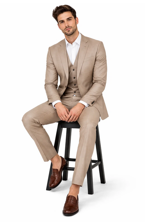 Mens Stone Tan Sharkskin 3 Piece Single Breasted Suit
