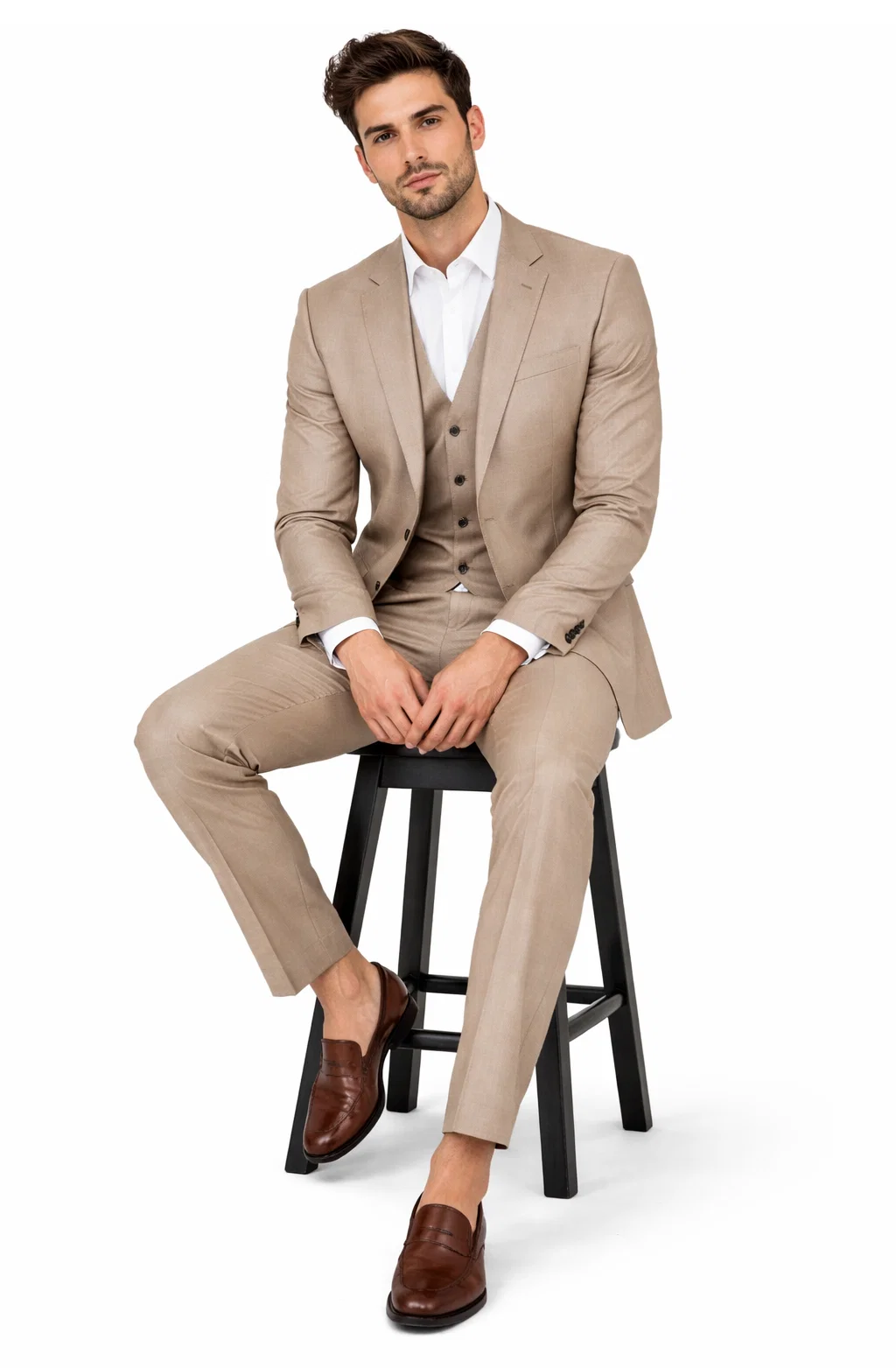 Mens Stone Tan Sharkskin 3 Piece Single Breasted Suit