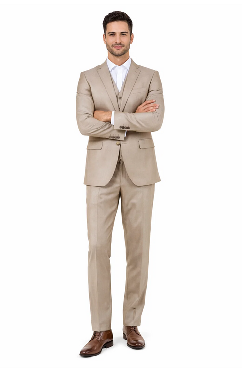 Mens Stone Tan Sharkskin 3 Piece Single Breasted Suit