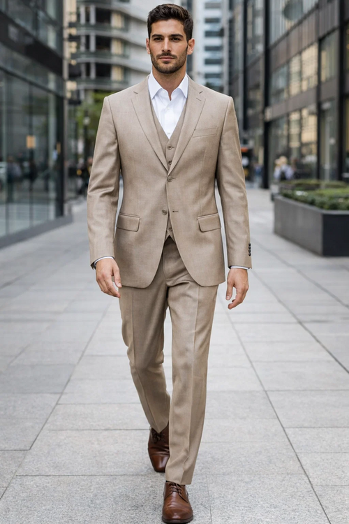 Mens Stone Tan Sharkskin 3 Piece Single Breasted Suit