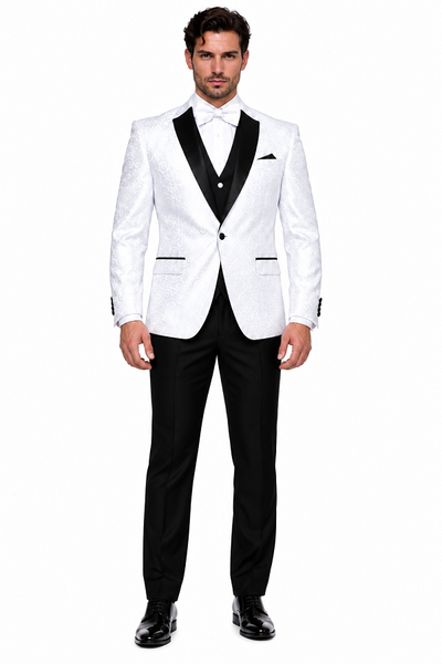 Big and Tall Size Tuxedo Dinner Jacket - Paisley Fabric Blazer in Color White