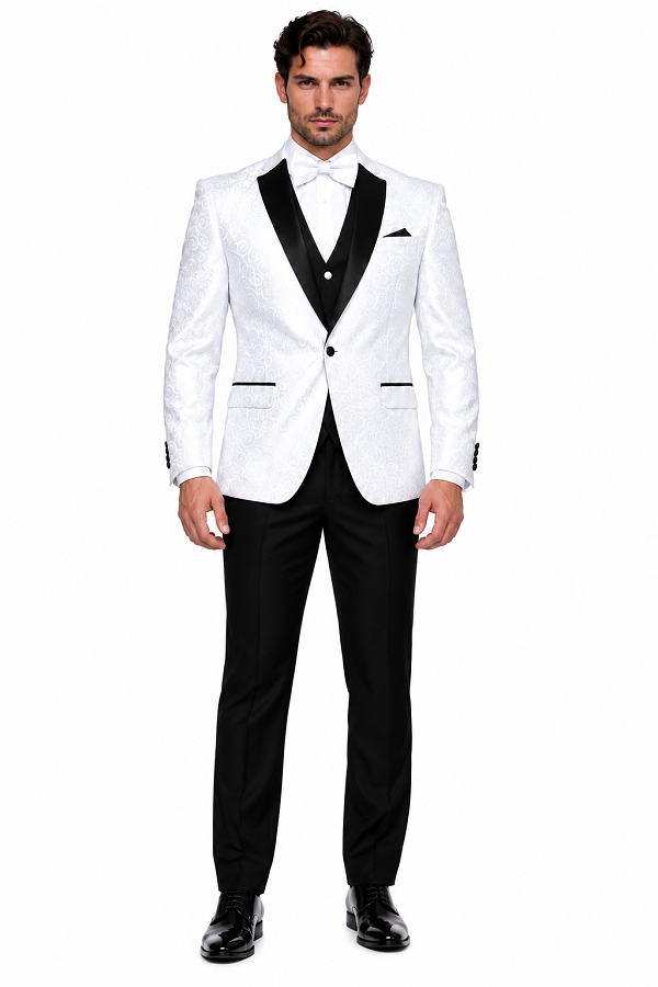 Big and Tall Size Tuxedo Dinner Jacket - Paisley Fabric Blazer in Color White
