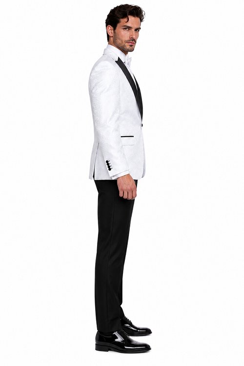 Big and Tall Size Tuxedo Dinner Jacket - Paisley Fabric Blazer in Color White