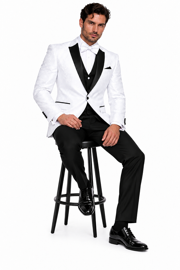 Big and Tall Size Tuxedo Dinner Jacket - Paisley Fabric Blazer in Color White