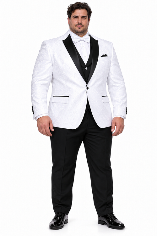 Big and Tall Size Tuxedo Dinner Jacket - Paisley Fabric Blazer in Color White