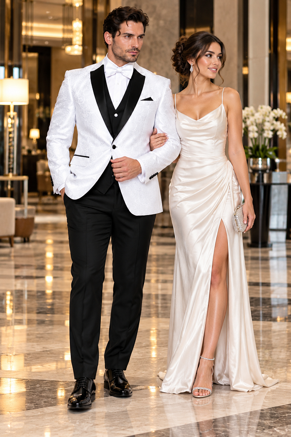 Big and Tall Size Tuxedo Dinner Jacket - Paisley Fabric Blazer in Color White