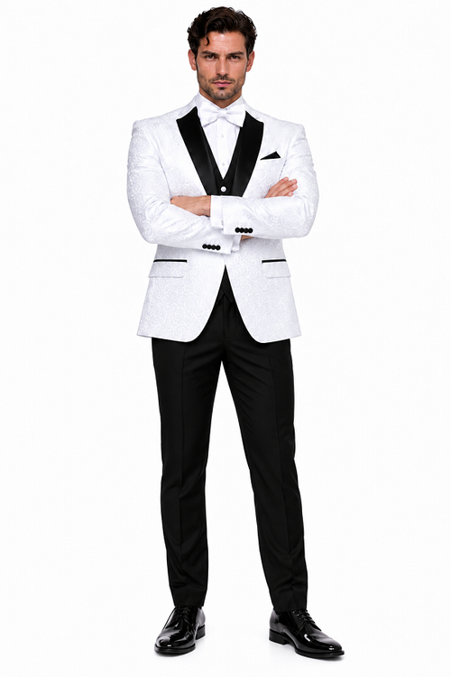 Big and Tall Size Tuxedo Dinner Jacket - Paisley Fabric Blazer in Color White