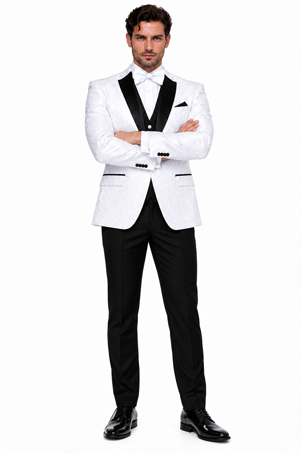Big and Tall Size Tuxedo Dinner Jacket - Paisley Fabric Blazer in Color White