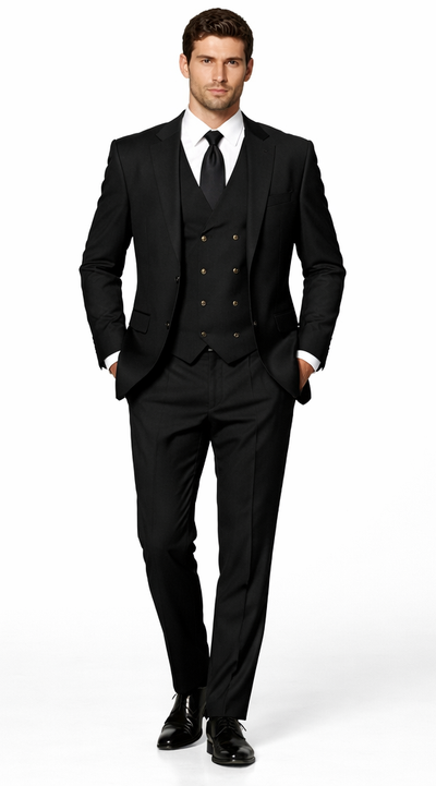 Mens Suits With Double Breasted Vest - Black Peak Lapel Suits - Ticket Pocket - With Gold Buttons - Slim Fitted