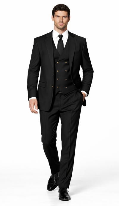 Mens Suits With Double Breasted Vest - Black Peak Lapel Suits - Ticket Pocket - With Gold Buttons - Slim Fitted