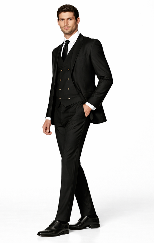 Mens Suits With Double Breasted Vest - Black Peak Lapel Suits - Ticket Pocket - With Gold Buttons - Slim Fitted