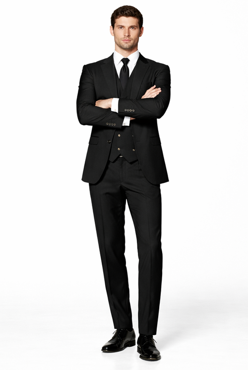 Mens Suits With Double Breasted Vest - Black Peak Lapel Suits - Ticket Pocket - With Gold Buttons - Slim Fitted