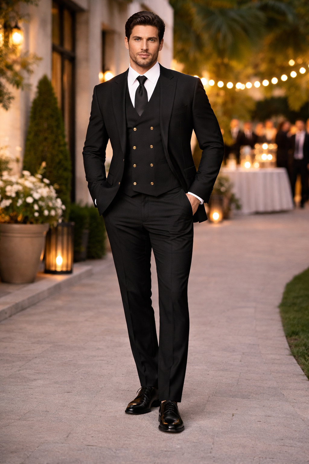 Mens Suits With Double Breasted Vest - Black Peak Lapel Suits - Ticket Pocket - With Gold Buttons - Slim Fitted