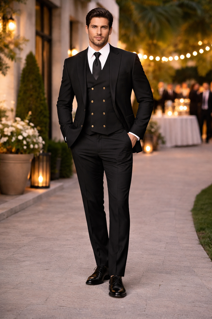 Mens Suits With Double Breasted Vest - Black Peak Lapel Suits - Ticket Pocket - With Gold Buttons - Slim Fitted