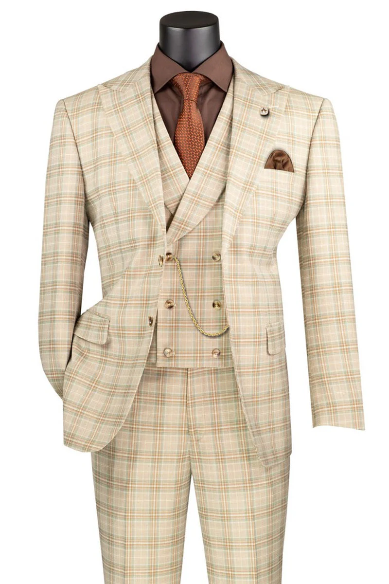 Marc Darcy Wedding Suits Men's Summer Windowpane Plaid Suit with Double Breasted Vest in Khaki Tan - 34 Short or Extra Small