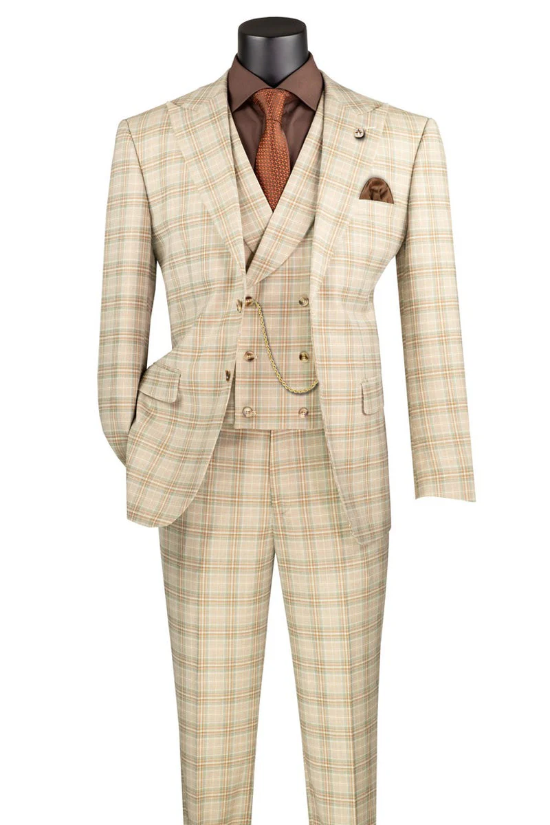 Marc Darcy Wedding Suits Men's Summer Windowpane Plaid Suit with Double Breasted Vest in Khaki Tan - 34 Short or Extra Small