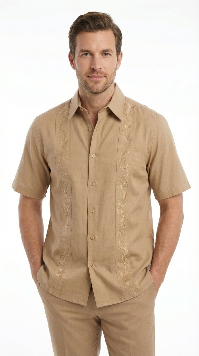 Mens Tan Embroidered Walking Suit Set – Short Sleeve Shirt and Pants Casual Summer Outfit for Vacation, Beach in khaki Beige Color - 34 Short or Extra Small