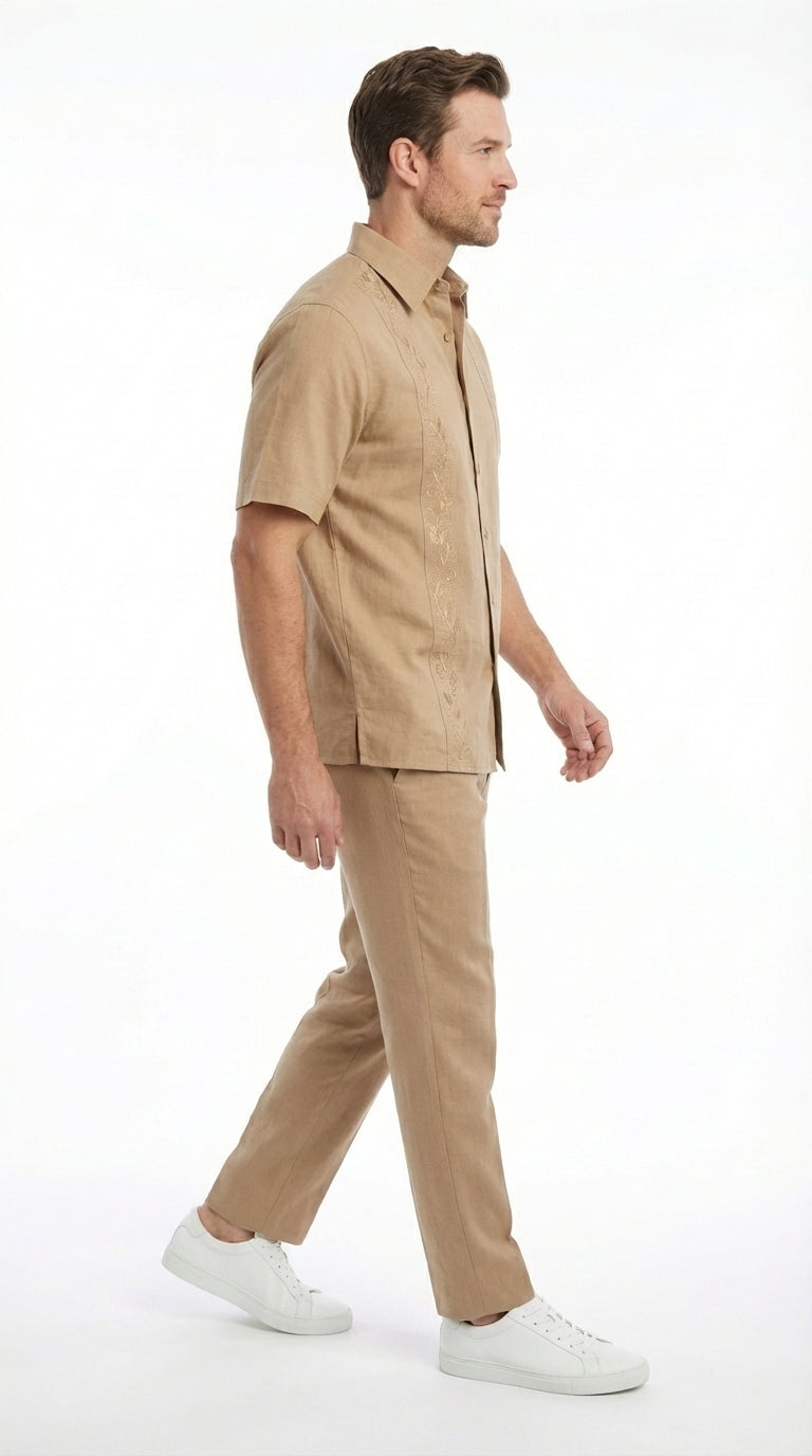 Mens Tan Embroidered Walking Suit Set – Short Sleeve Shirt and Pants Casual Summer Outfit for Vacation, Beach in khaki Beige Color - 34 Short or Extra Small