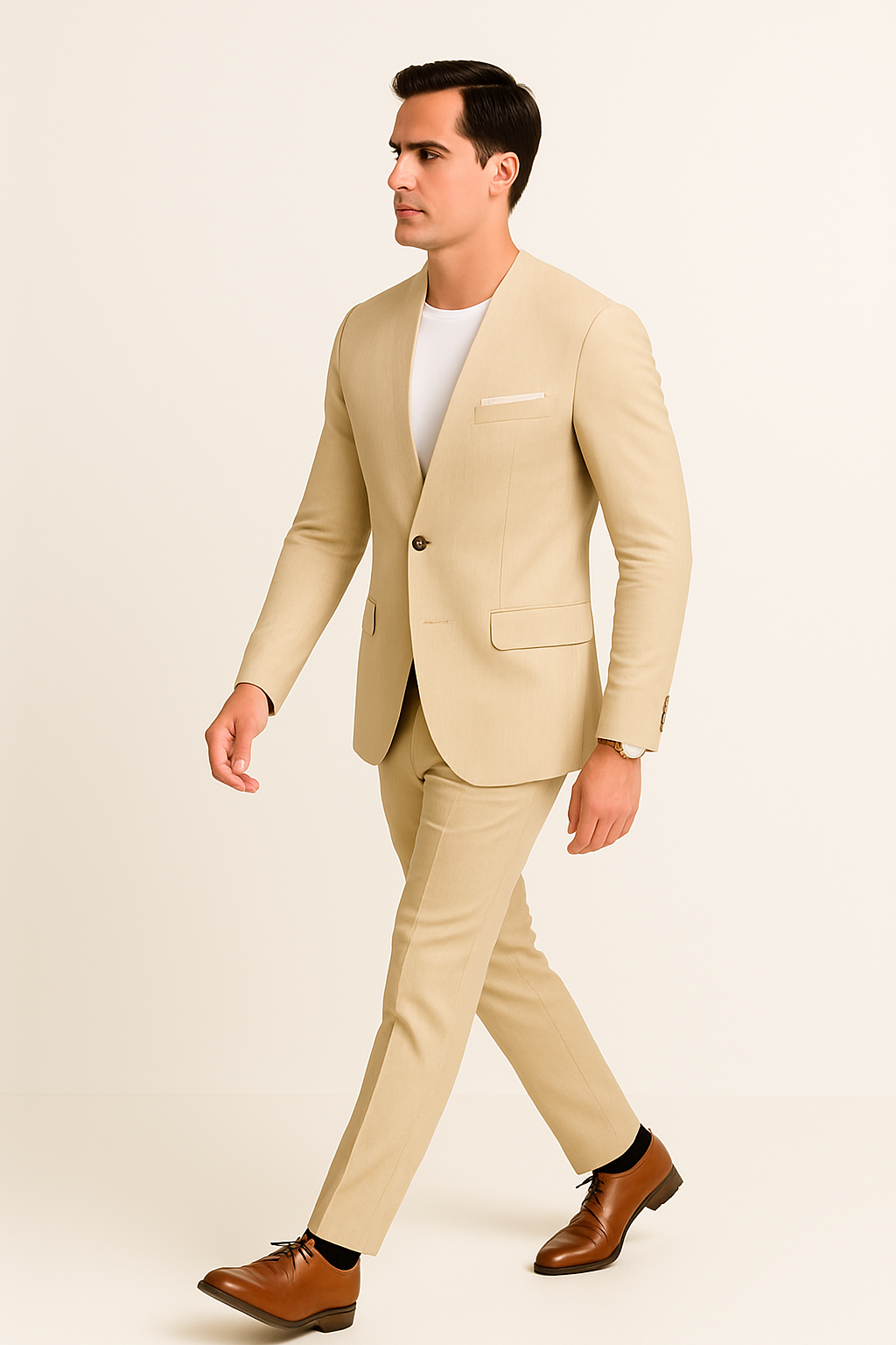 Tan Linen Suit For Summer - Collarless Blazer and Pants Collarless Lapel - No Lapel Casual! - 34 Short or Extra Small