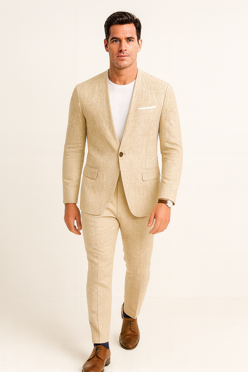 Tan Linen Suit For Summer - Collarless Blazer and Pants Collarless Lapel - No Lapel Casual! - 34 Short or Extra Small
