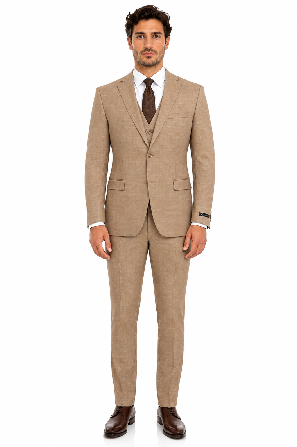 Men’s Tan Plaid 3-Piece Tailored Fit Suit with Vest - 34 Short or Extra Small