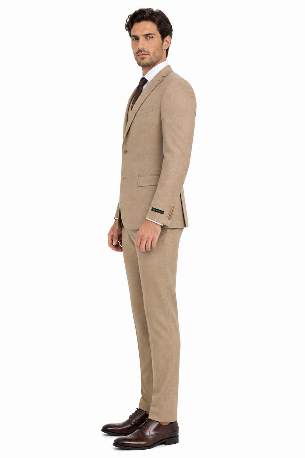 Men’s Tan Plaid 3-Piece Tailored Fit Suit with Vest - 34 Short or Extra Small