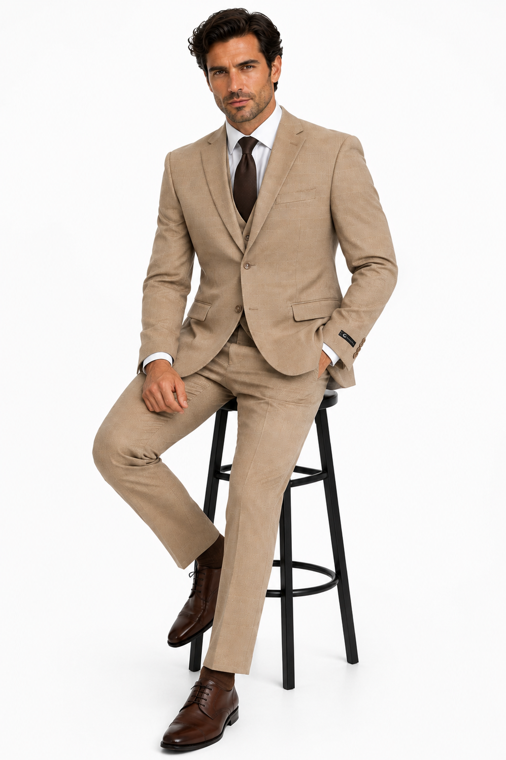 Men’s Tan Plaid 3-Piece Tailored Fit Suit with Vest - 34 Short or Extra Small