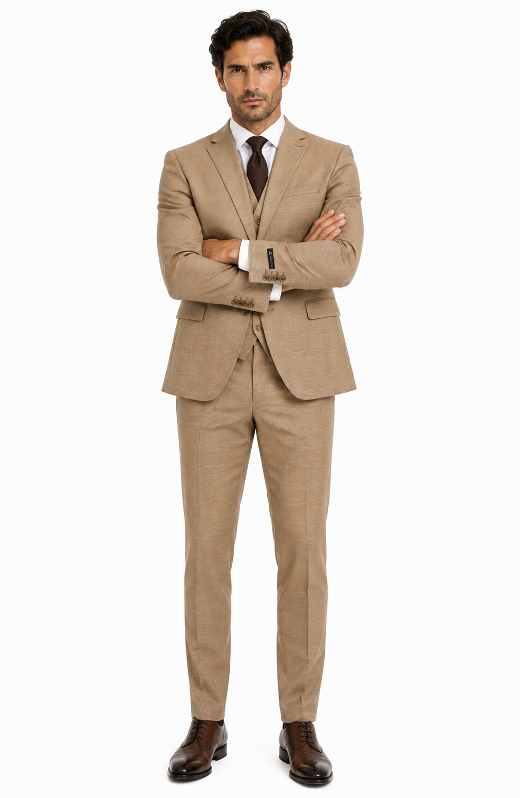 Men’s Tan Plaid 3-Piece Tailored Fit Suit with Vest - 34 Short or Extra Small