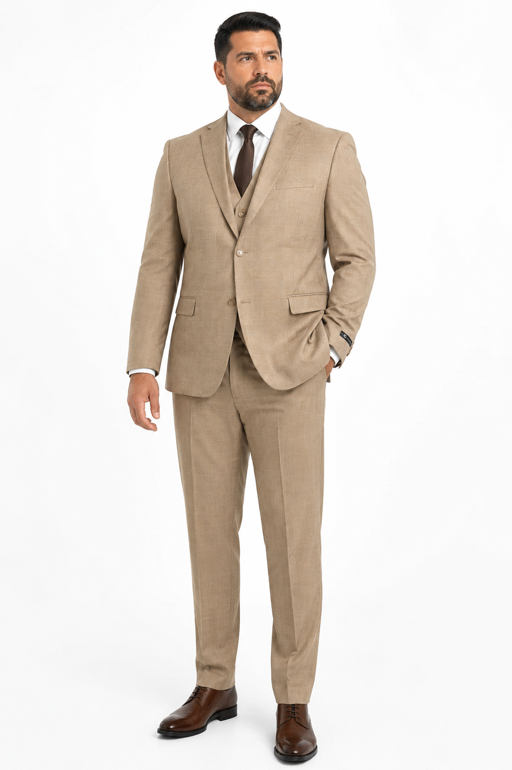 Men’s Tan Plaid 3-Piece Tailored Fit Suit with Vest - 34 Short or Extra Small