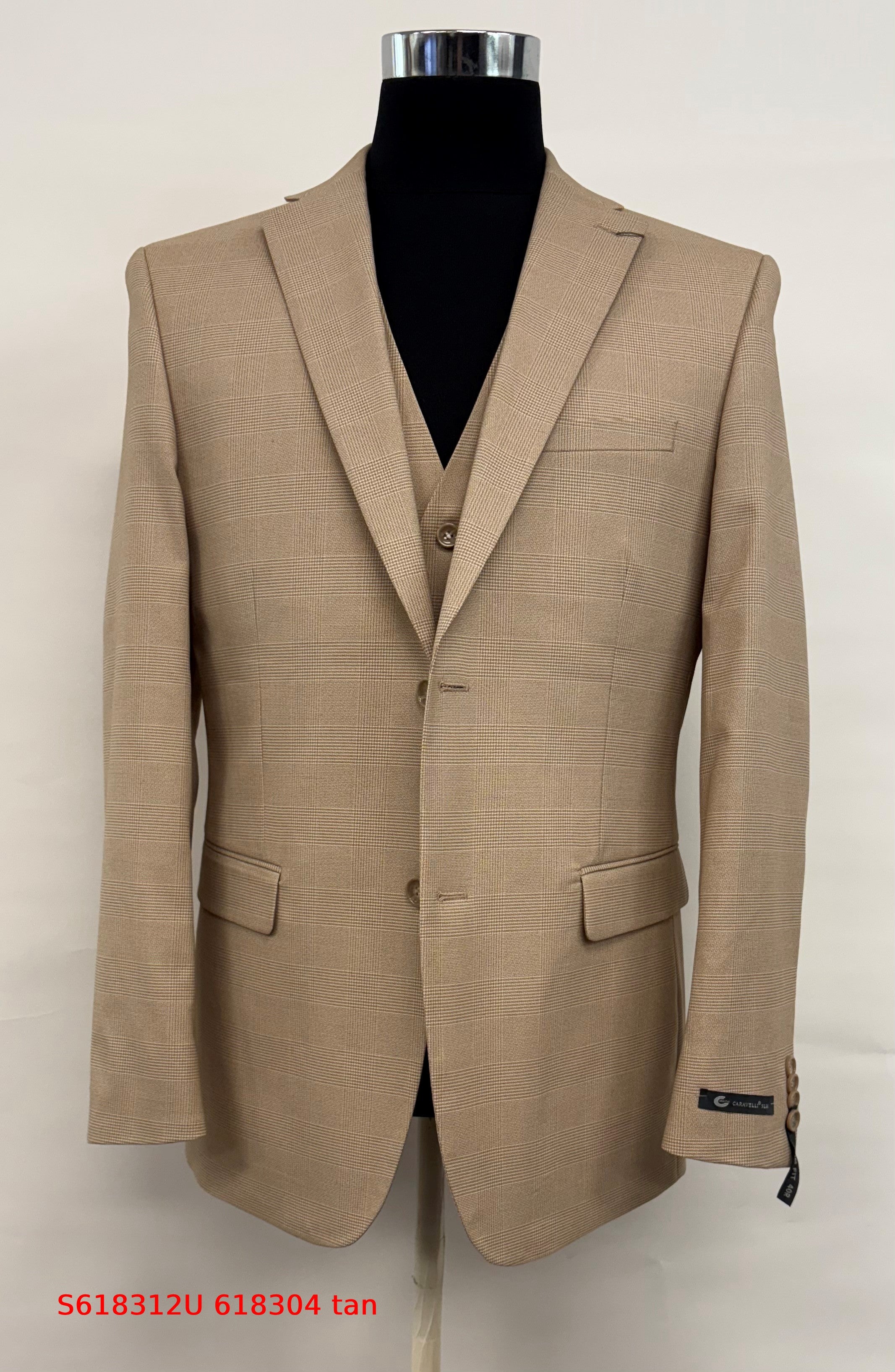 Men’s Tan Plaid 3-Piece Tailored Fit Suit with Vest - 34 Short or Extra Small