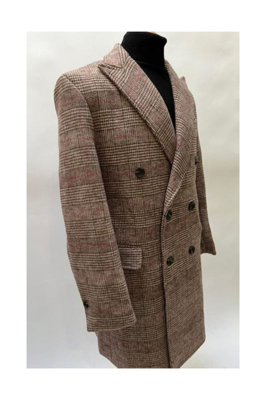 Mens Tan Plaid Overcoat - Wool Peacoat - Plaid Topcoats