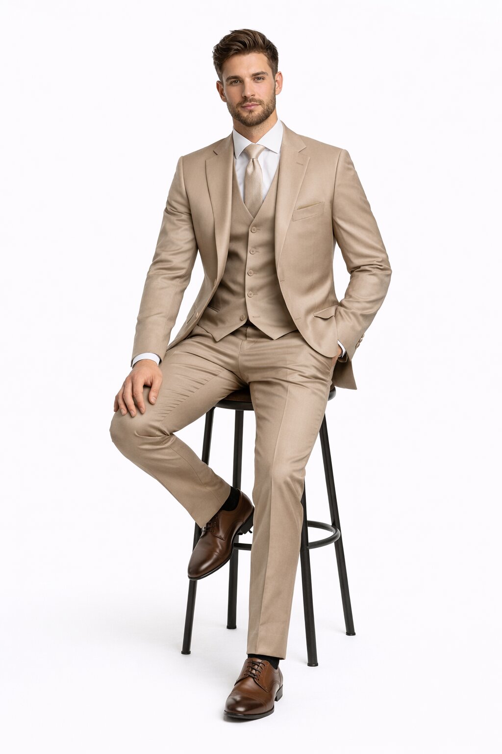 Mens Stacy Adams Suits - Designer Suit - 3 Piece Suit - Vested Suit - Flat Front Pant- Modern Fit Suits Tan Suit