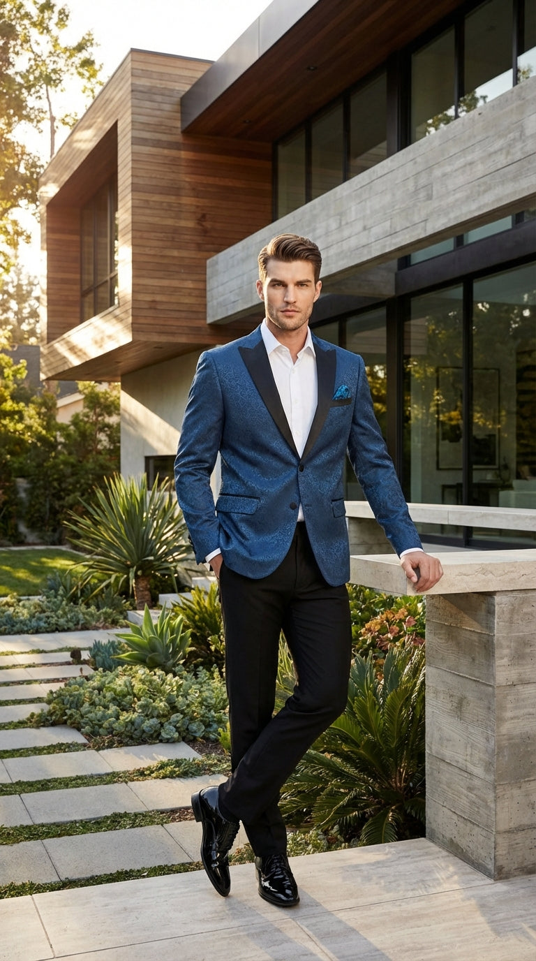 Mens Teal Blue Jacquard Paisley Blazer – Black Peak Lapel Formal Dinner Jacket Slim Fit - 34 Short or Extra Small