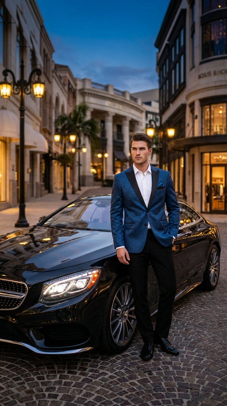 Mens Teal Blue Jacquard Paisley Blazer – Black Peak Lapel Formal Dinner Jacket Slim Fit - 34 Short or Extra Small