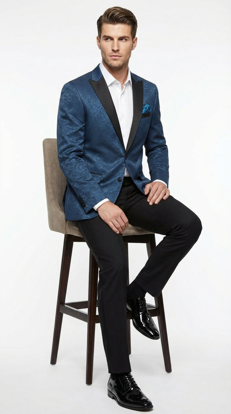 Mens Teal Blue Jacquard Paisley Blazer – Black Peak Lapel Formal Dinner Jacket Slim Fit - 34 Short or Extra Small