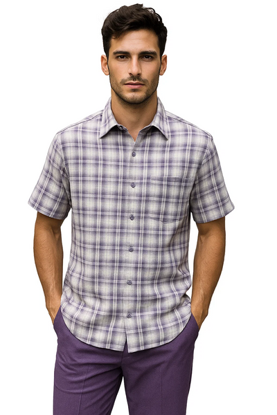 Mens Textured Plaid Walking Suit in lavender/offwhite by Dreams by Zacchi â€“ 2 Piece Leisure Outfit with Matching Shirt and Pant-$99
