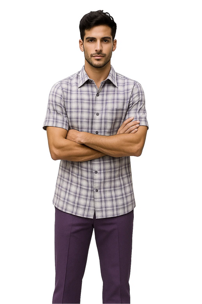 Mens Textured Plaid Walking Suit in lavender/offwhite by Dreams by Zacchi â€“ 2 Piece Leisure Outfit with Matching Shirt and Pant-$99