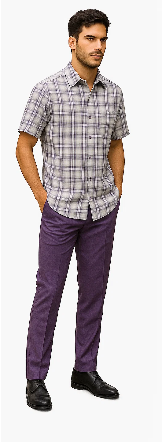 Mens Textured Plaid Walking Suit in lavender/offwhite by Dreams by Zacchi – 2 Piece Leisure Outfit with Matching Shirt and Pant-$99 - S/30