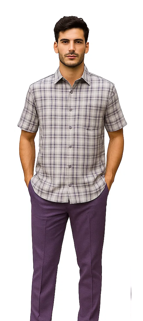 Mens Textured Plaid Walking Suit in lavender/offwhite by Dreams by Zacchi – 2 Piece Leisure Outfit with Matching Shirt and Pant-$99 - S/30