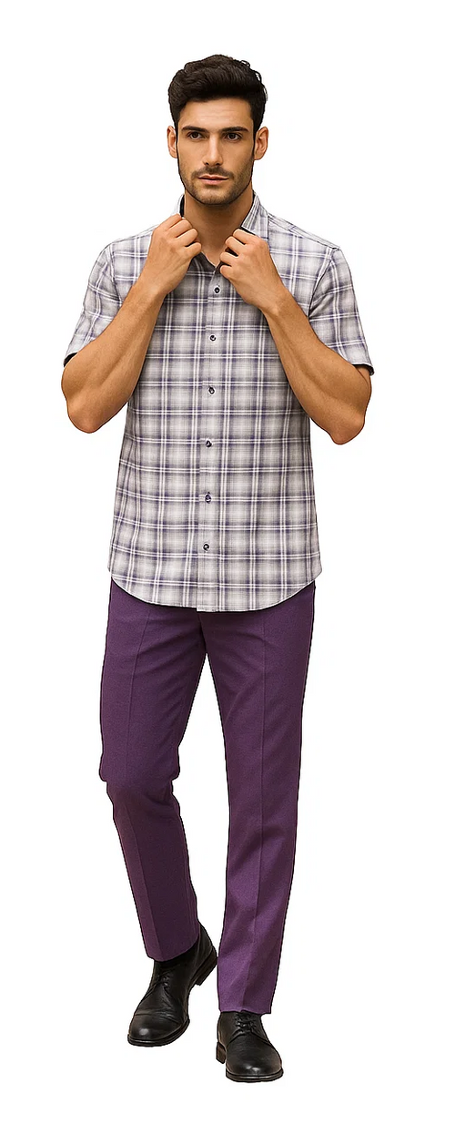 Mens Textured Plaid Walking Suit in lavender/offwhite by Dreams by Zacchi â€“ 2 Piece Leisure Outfit with Matching Shirt and Pant-$99