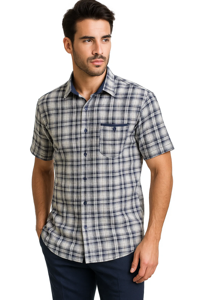 Mens Textured Plaid Walking Suit in Navy/white by Dreams by Zacchi â€“ 2 Piece Leisure Outfit-matching-shirt-and-pants-$99