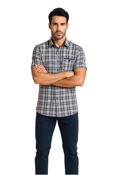 Mens Textured Plaid Walking Suit in Navy/white by Dreams by Zacchi â€“ 2 Piece Leisure Outfit-matching-shirt-and-pants-$99