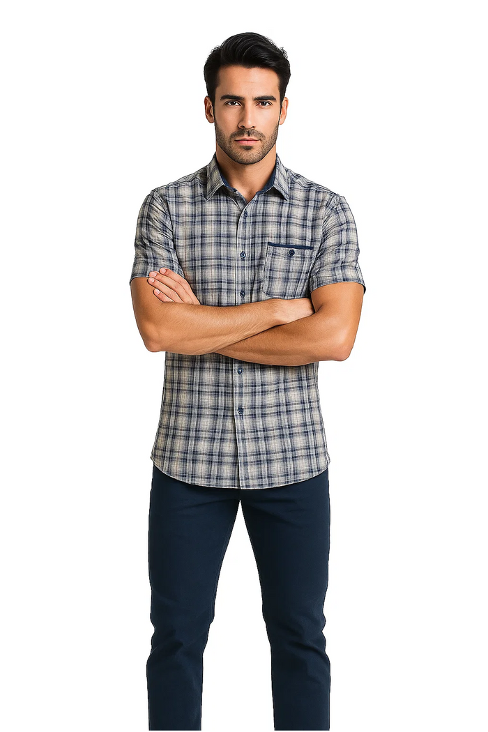 Mens Textured Plaid Walking Suit in Navy/white by Dreams by Zacchi â€“ 2 Piece Leisure Outfit-matching-shirt-and-pants-$99