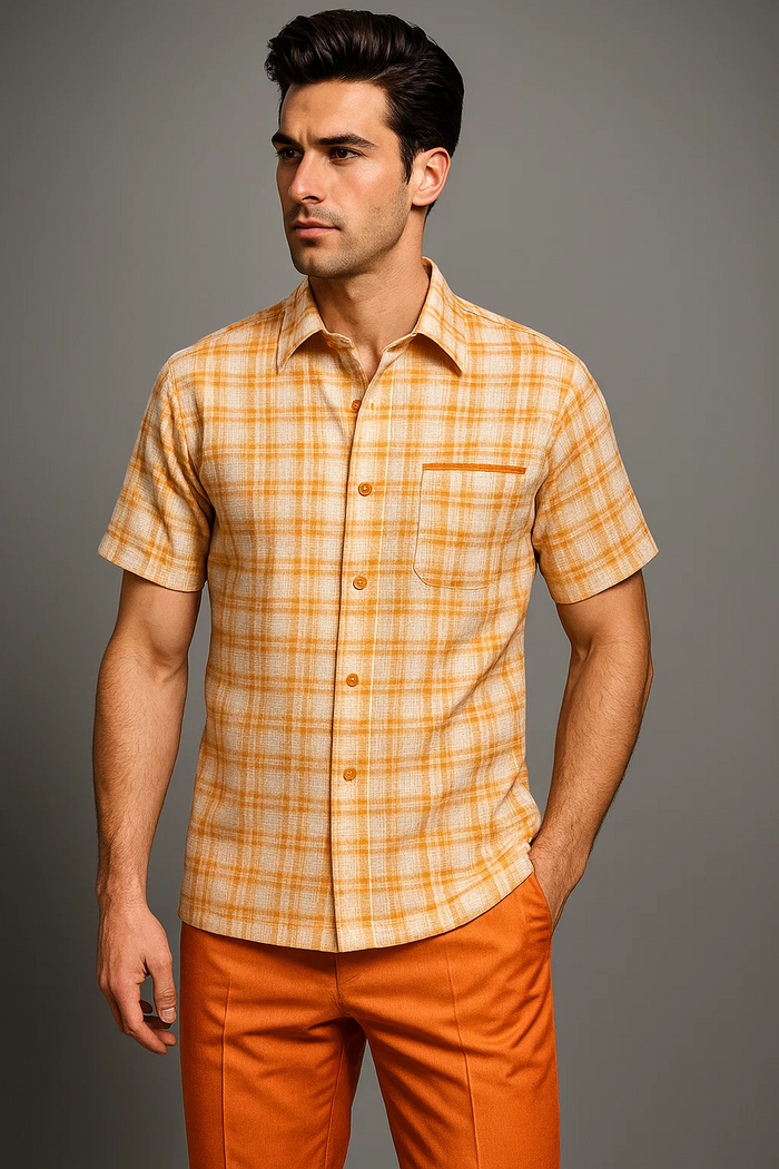 Mens Textured Plaid Walking Suit in orange/cream by Dreams by Zacchi â€“ 2 Piece Leisure Outfit with Matching Shirt and Pant-$99