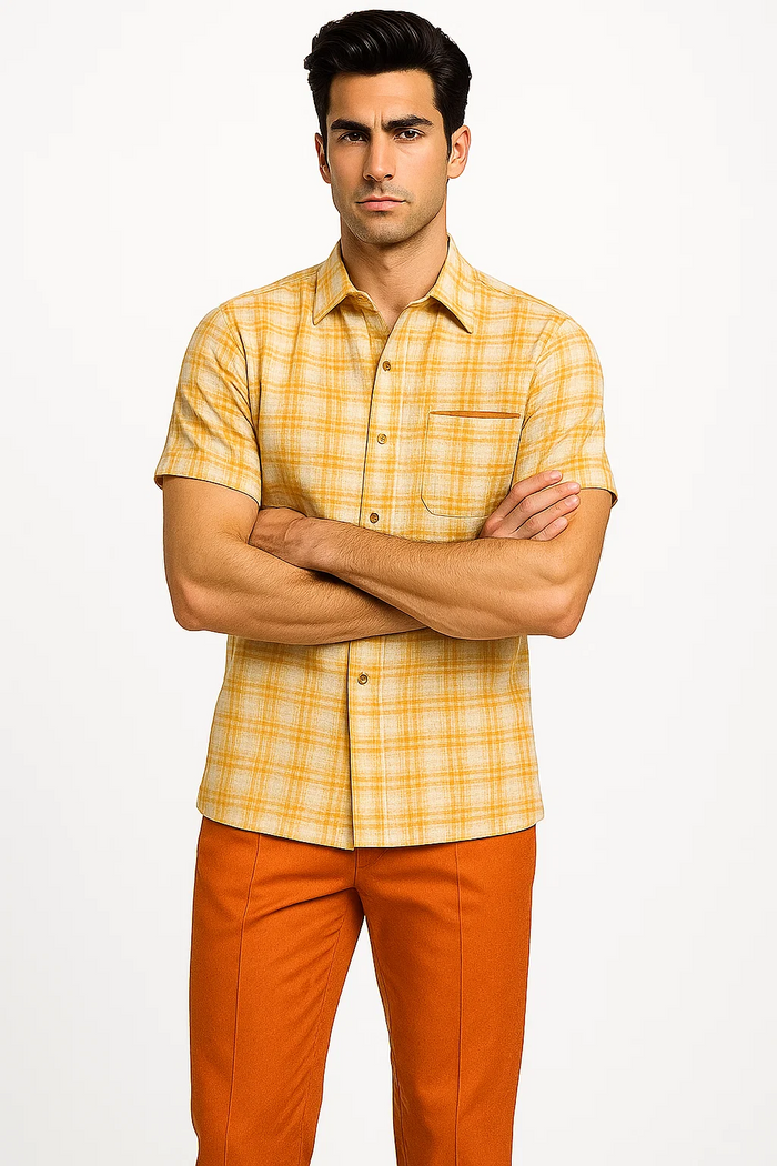 Mens Textured Plaid Walking Suit in orange/cream by Dreams by Zacchi â€“ 2 Piece Leisure Outfit with Matching Shirt and Pant-$99