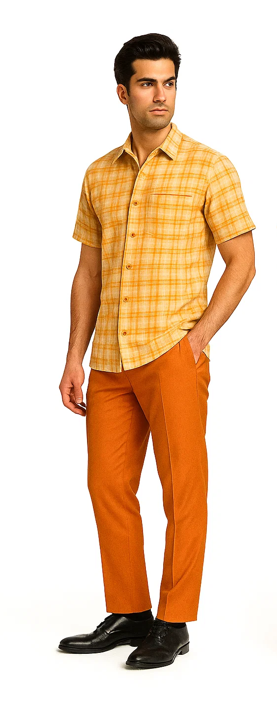 Mens Textured Plaid Walking Suit in orange/cream by Dreams by Zacchi â€“ 2 Piece Leisure Outfit with Matching Shirt and Pant-$99