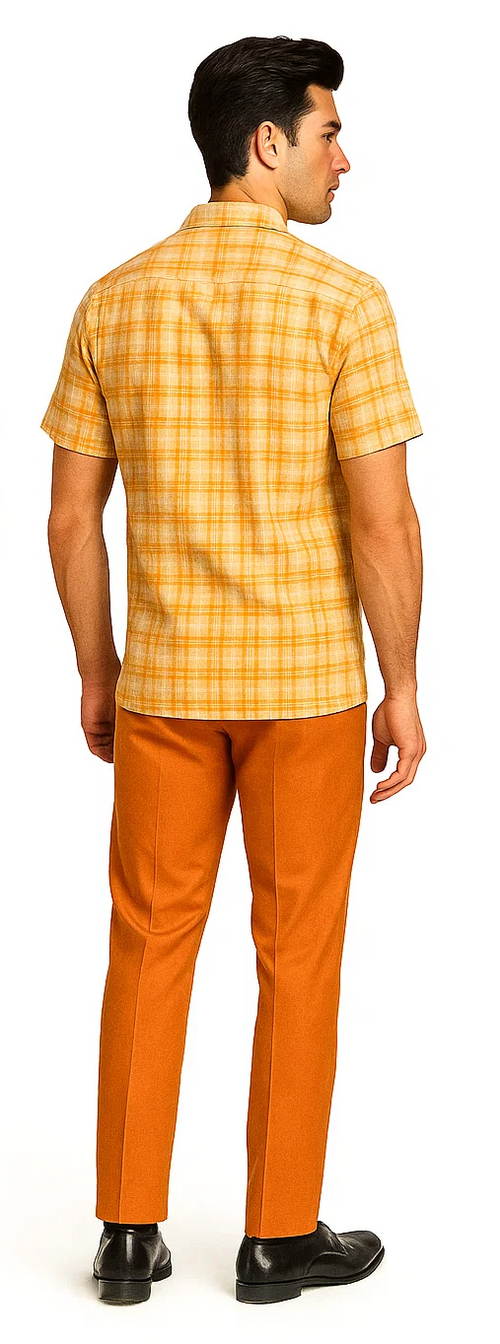 Mens Textured Plaid Walking Suit in orange/cream by Dreams by Zacchi â€“ 2 Piece Leisure Outfit with Matching Shirt and Pant-$99