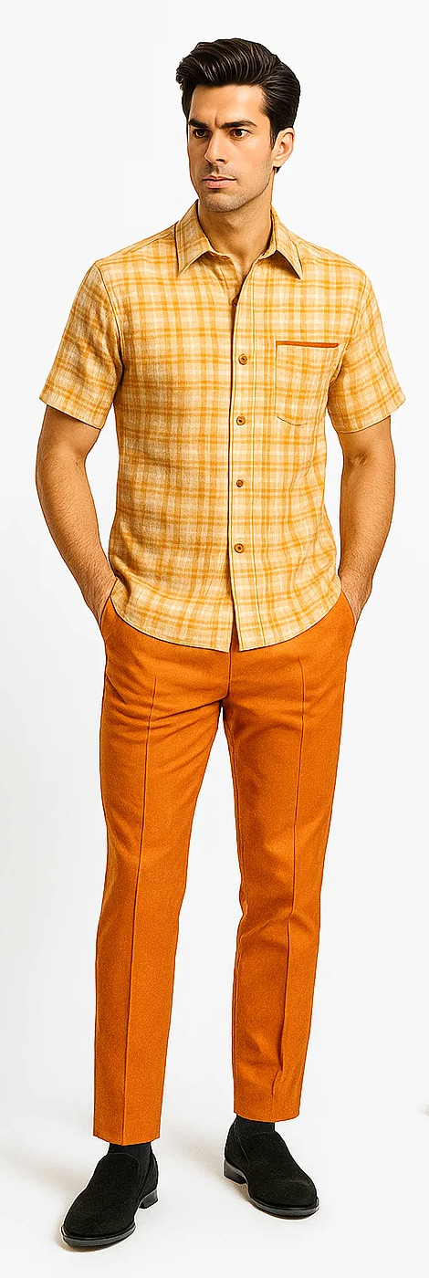 Mens Textured Plaid Walking Suit in orange/cream by Dreams by Zacchi â€“ 2 Piece Leisure Outfit with Matching Shirt and Pant-$99