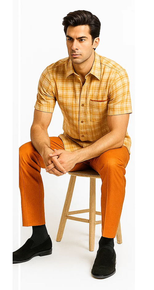 Mens Textured Plaid Walking Suit in orange/cream by Dreams by Zacchi â€“ 2 Piece Leisure Outfit with Matching Shirt and Pant-$99